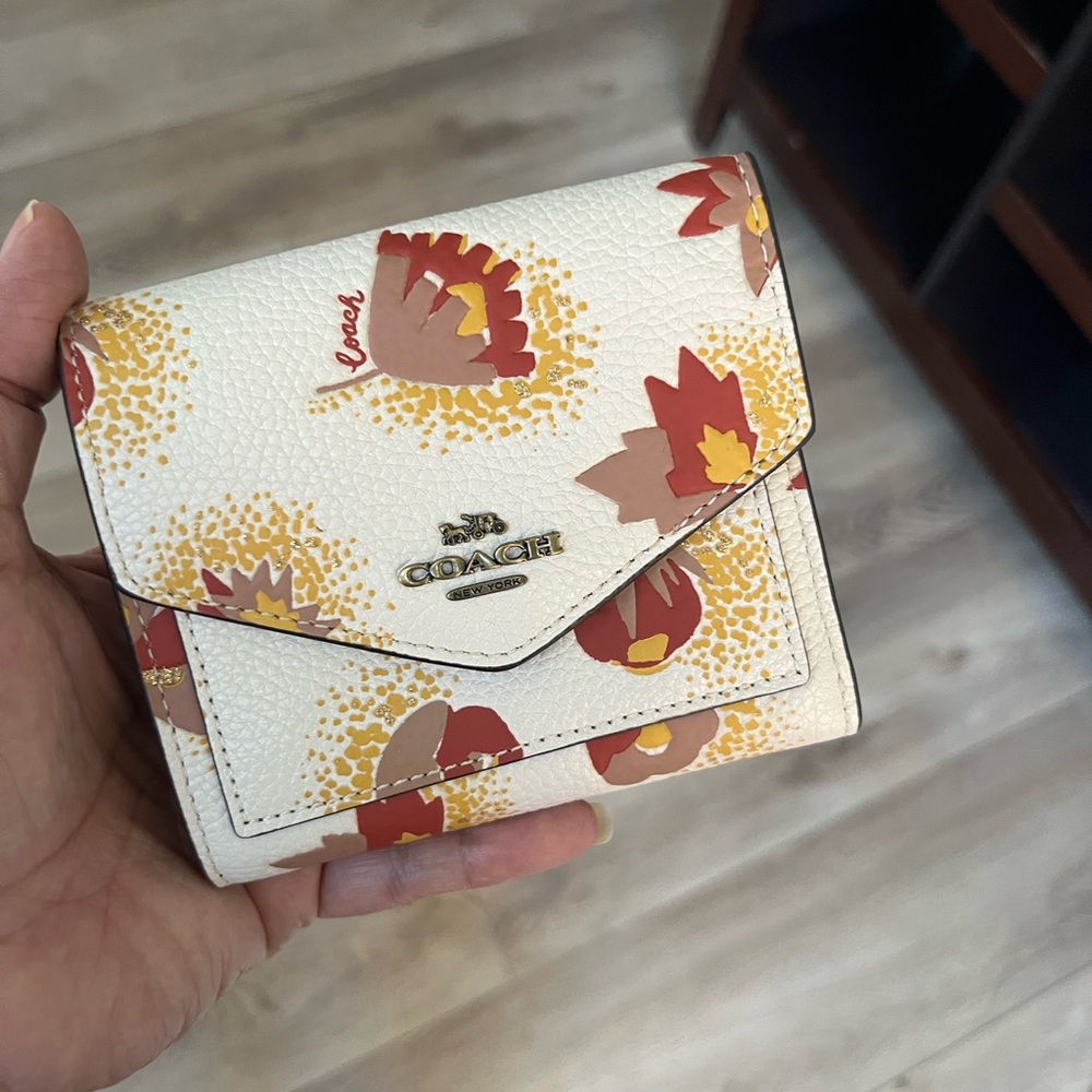 Coach Trifold Women's Wallet with Floral Design - Cream and Red
